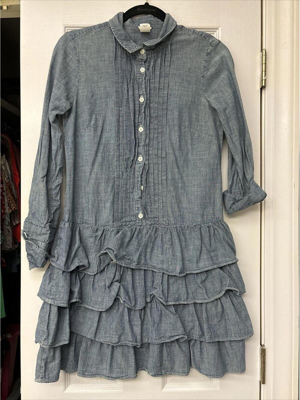 J Crew Blue  Chambray Denim Short Sleeve Ruffle Pleated. Size 0. Pleated